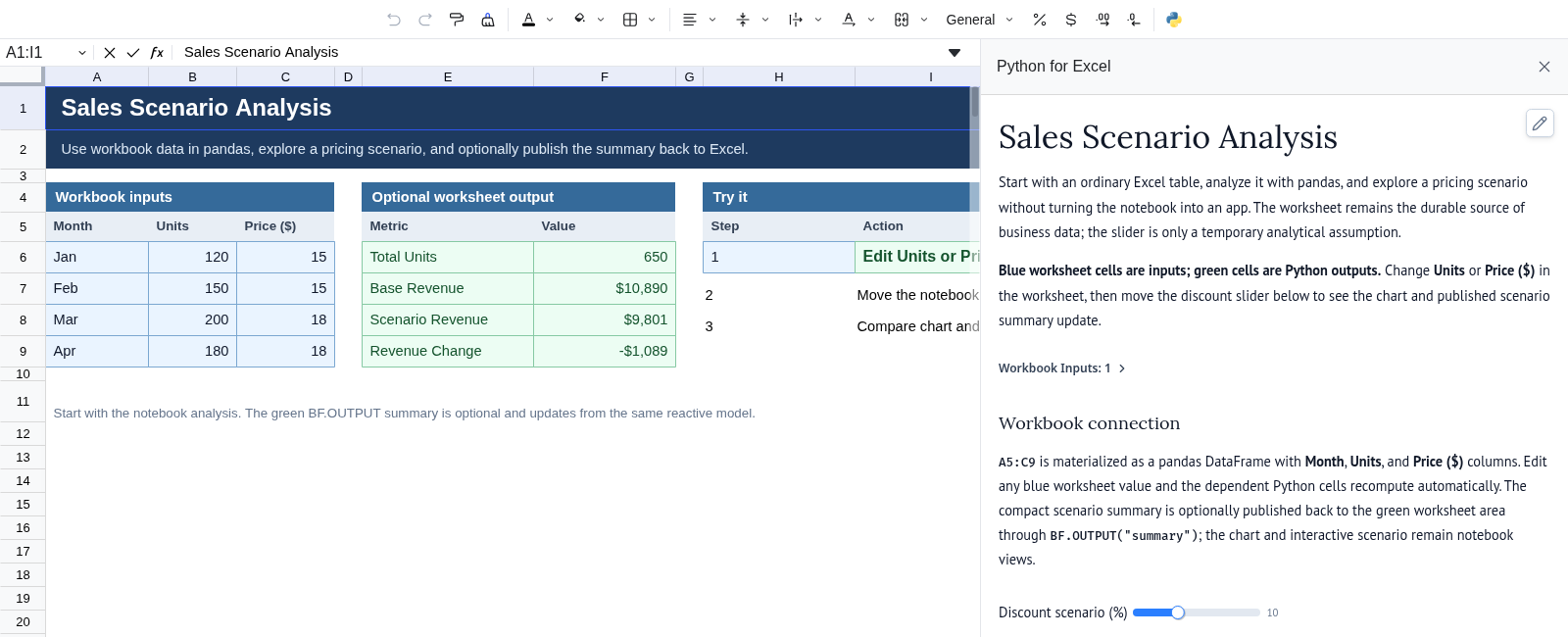 A Boardflare sales scenario workbook reopened in App mode, with populated worksheet inputs and outputs beside notebook instructions and a live discount control