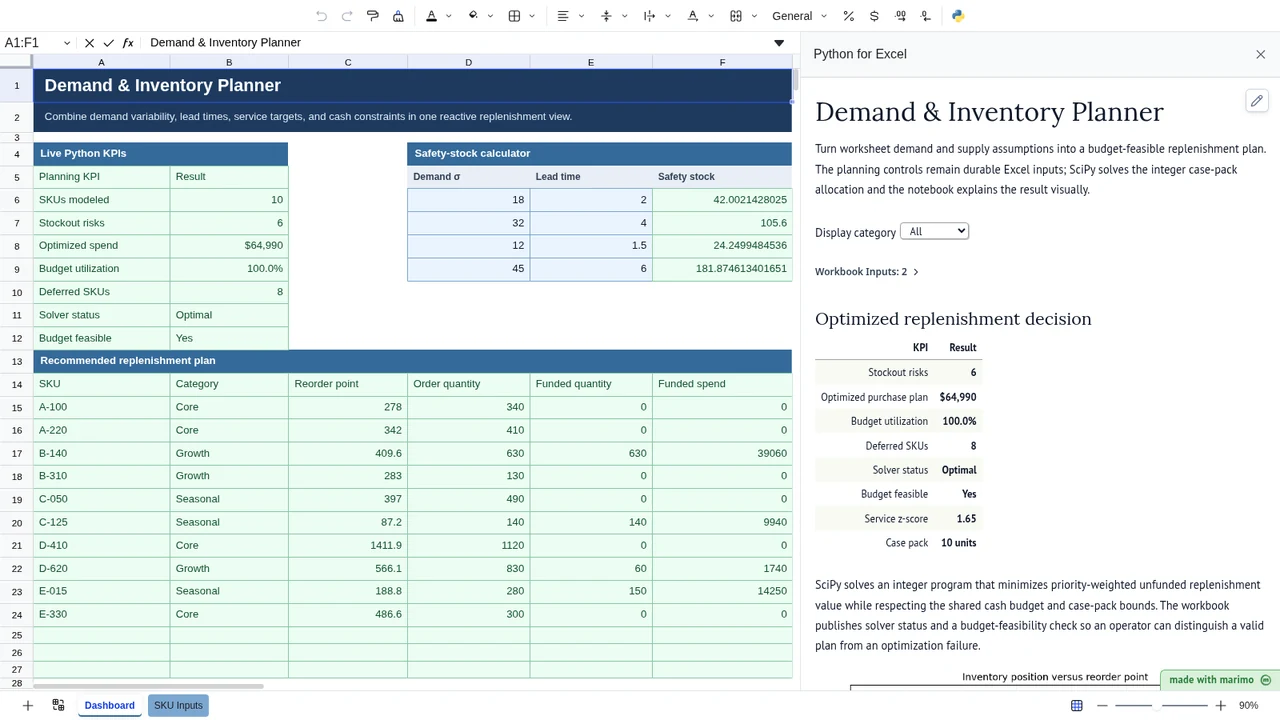 Demand and Inventory Planner workbook with a reactive Python notebook open beside Excel